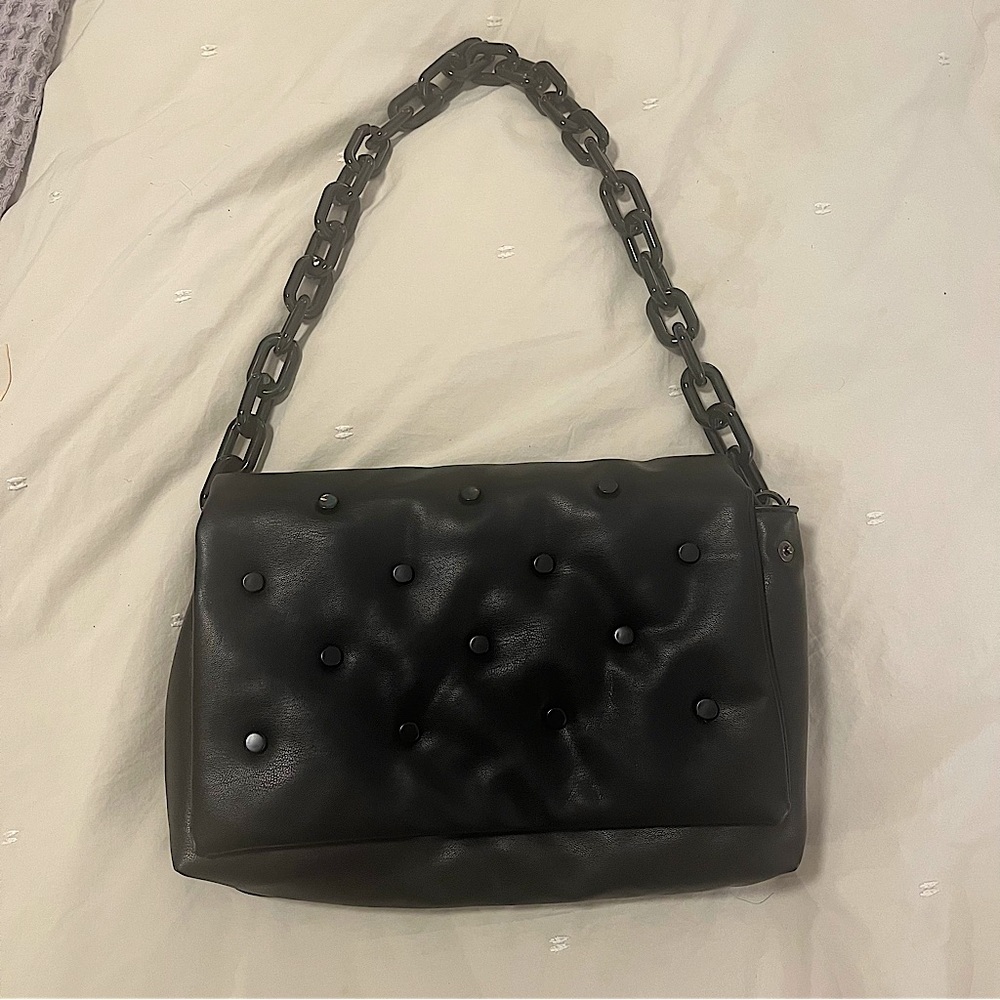 Black leather purse with chain shoulder strap